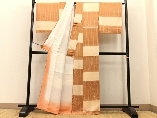 平和屋着物■上質な小紋 手描き 葡萄蔦の葉文 暈し染め 正絹 逸品 未使用 BAAW5859hj