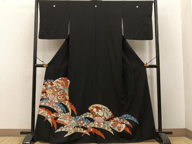 平和屋着物■豪華黒留袖 駒刺繍 扇面雪芝花文 正絹 逸品 BAAW5882hj