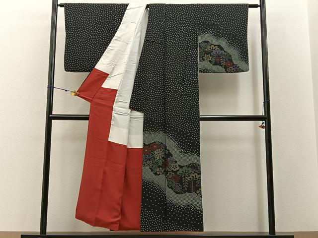 平和屋着物■訪問着 鹿の子松花文 黒地 正絹 逸品 BAAW5937hj