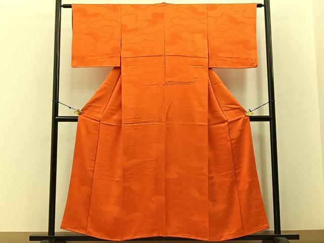 平和屋着物■上質な色無地 雲重ね地紋 金赤色 正絹 逸品 BAAW5954hj