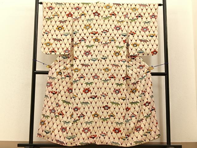 平和屋着物■上質な小紋 型染め 笹梅文 鬼しぼ縮緬 正絹 逸品 BAAW5969hj