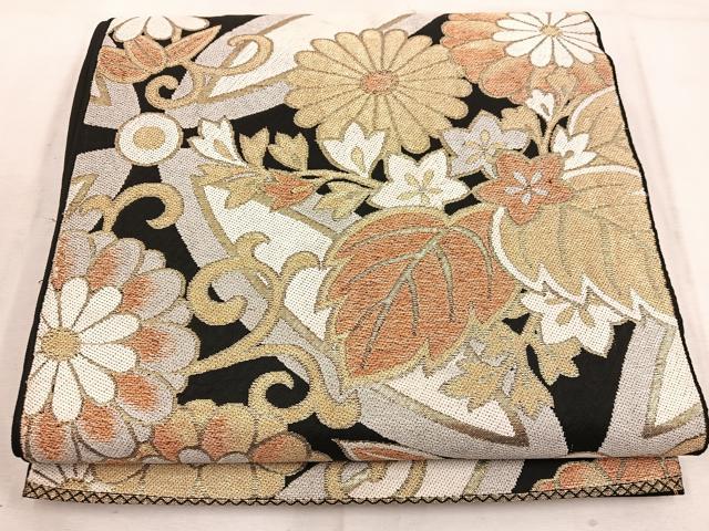 平和屋着物◎六通柄 本袋帯 菊花文 黒地 金糸 正絹 逸品 BAAW6012mz