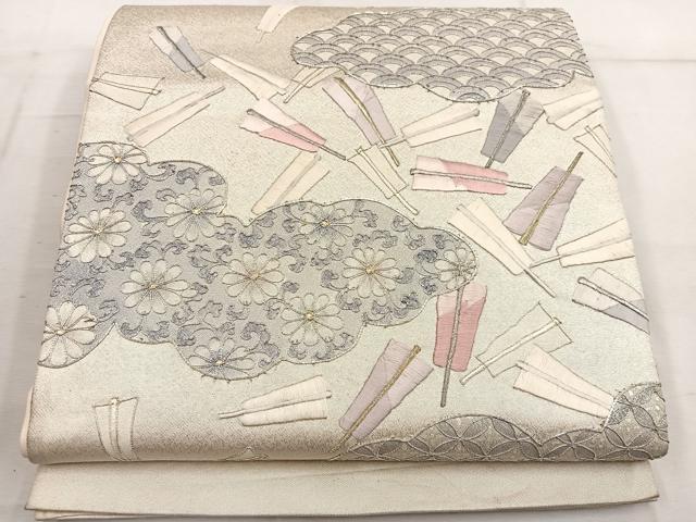 平和屋着物◎太鼓柄袋帯 駒刺繍 雲取り青海波花文 金銀糸 正絹 逸品 BAAW6014mz