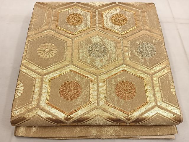 平和屋着物◎六通柄袋帯 駒刺繍 亀甲菊花文 金銀糸 正絹 逸品 BAAW6015mz