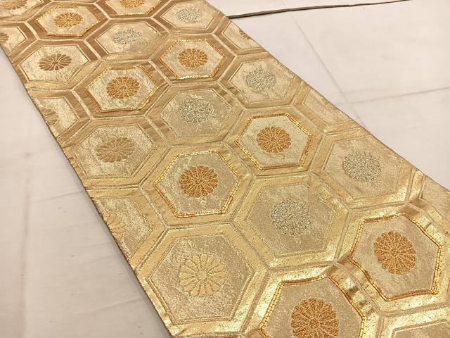 平和屋着物◎六通柄袋帯 駒刺繍 亀甲菊花文 金銀糸 正絹 逸品 BAAW6015mz