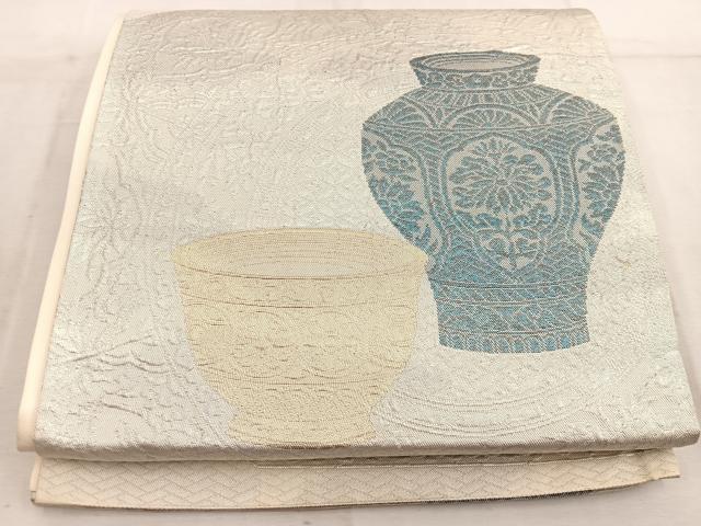 平和屋着物◎六通柄袋帯 陶器花文 金銀糸 正絹 逸品 BAAW6040mz