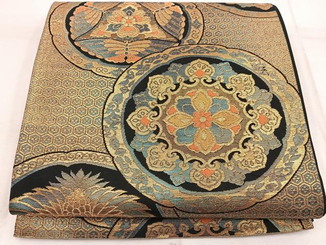 平和屋着物◎六通柄袋帯 双鶴花文 黒地 金糸 正絹 逸品 BAAW6073mz