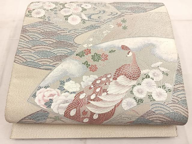 平和屋着物◎太鼓柄袋帯 綴れ 地紙孔雀花文 銀彩 正絹 逸品 BAAW6076mz