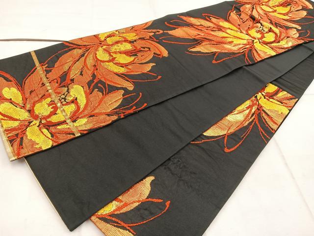 平和屋着物◎六通柄袋帯 草花文 黒地 金糸 正絹 逸品 BAAW6080mz