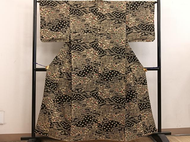 平和屋着物■上質な小紋 型染め 御所解花文 黒地 正絹 逸品 BAAW6221mz