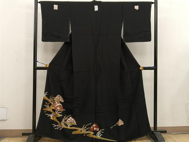 平和屋着物■豪華黒留袖 駒刺繍 扇面菊花文 金彩 正絹 逸品 未使用 BAAW6374mz