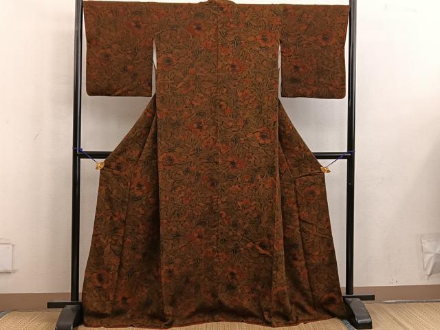 平和屋着物■上質な小紋 更紗花文 鬼しぼ縮緬 正絹 逸品 BAAW6586mz