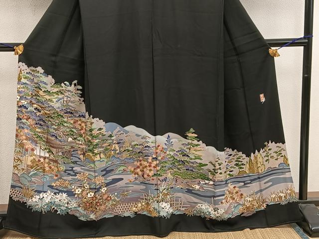 平和屋着物■豪華黒留袖 友禅 作家物 風景花文 正絹 逸品 BAAW6655mz