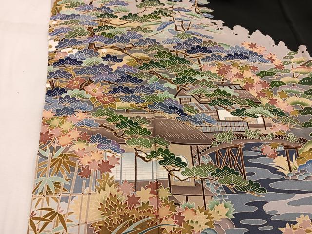 平和屋着物■豪華黒留袖 友禅 作家物 風景花文 正絹 逸品 BAAW6655mz