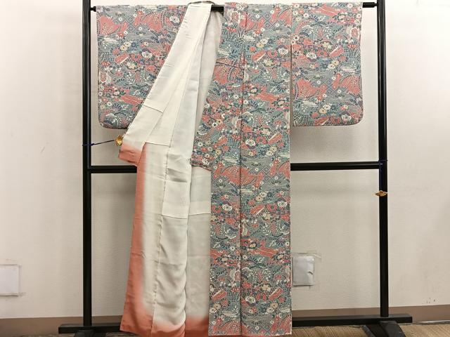平和屋着物■上質な小紋 檜扇花文 鬼しぼ縮緬 正絹 逸品 BAAW6711mz