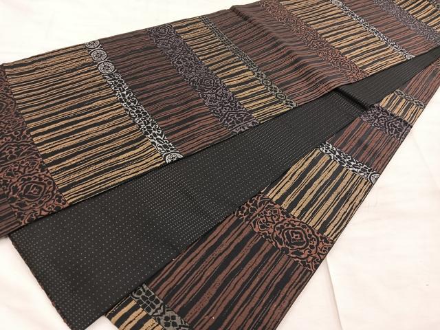 平和屋着物●全通柄袋帯 ふくれ織 横段花文 黒地 正絹 逸品 BAAW6736mz