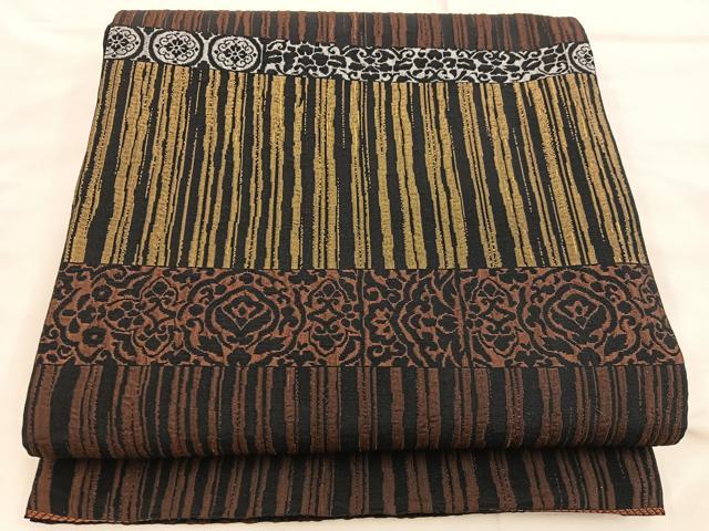 平和屋着物●全通柄袋帯 ふくれ織 横段花文 黒地 正絹 逸品 BAAW6736mz
