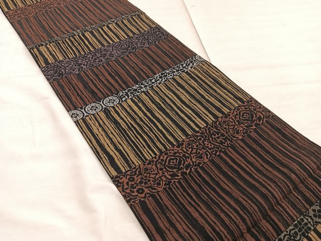 平和屋着物●全通柄袋帯 ふくれ織 横段花文 黒地 正絹 逸品 BAAW6736mz