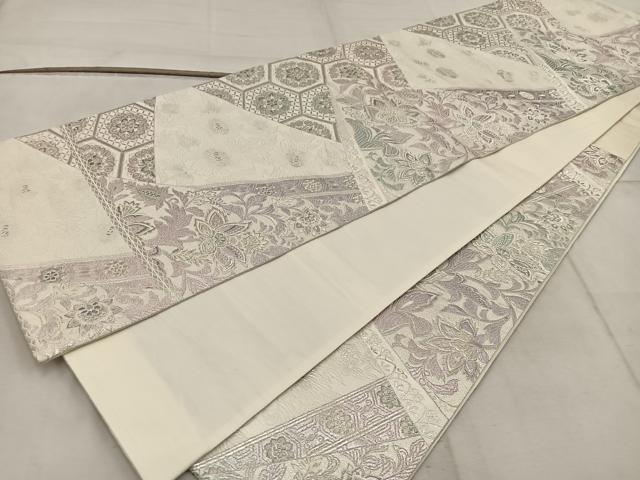 平和屋着物◎六通柄袋帯 唐織 煌めきのオパール 更紗花文 銀糸 正絹 逸品 BAAW6781mz