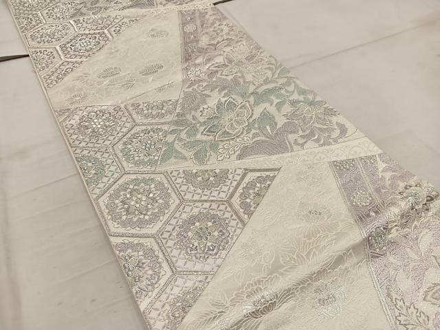 平和屋着物◎六通柄袋帯 唐織 煌めきのオパール 更紗花文 銀糸 正絹 逸品 BAAW6781mz