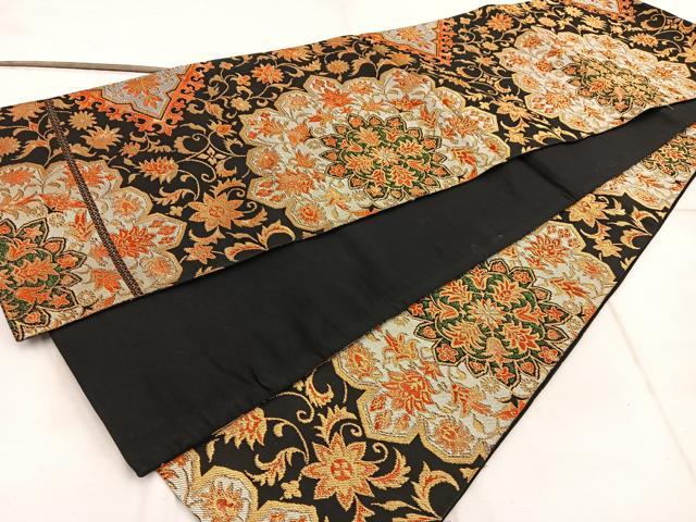 平和屋着物◎全通柄袋帯 更紗花文 黒地 金糸 正絹 逸品 BAAW6851mz