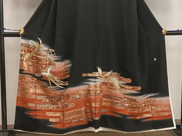 平和屋着物■五代 歌舞伎役者 坂東八十助 黒留袖 刺繍 鳳凰花文 暈し染め 金銀彩 正絹 逸品 BAAW6858mz