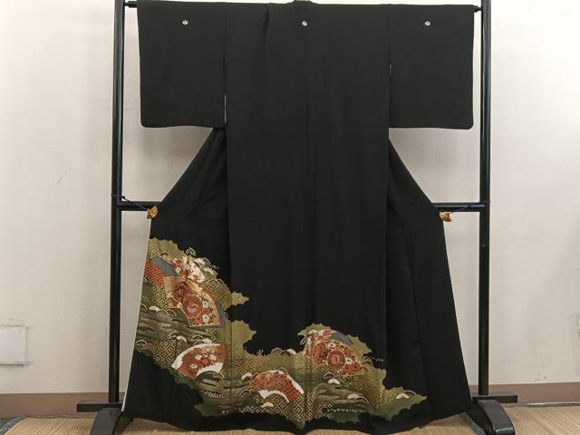 平和屋着物■豪華黒留袖 駒刺繍 地紙重ね鼓飛鶴花文 金彩 正絹 逸品 BAAW6861mz