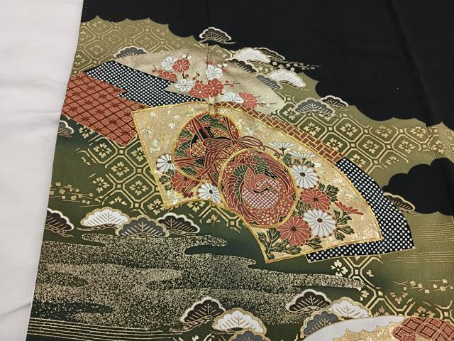 平和屋着物■豪華黒留袖 駒刺繍 地紙重ね鼓飛鶴花文 金彩 正絹 逸品 BAAW6861mz