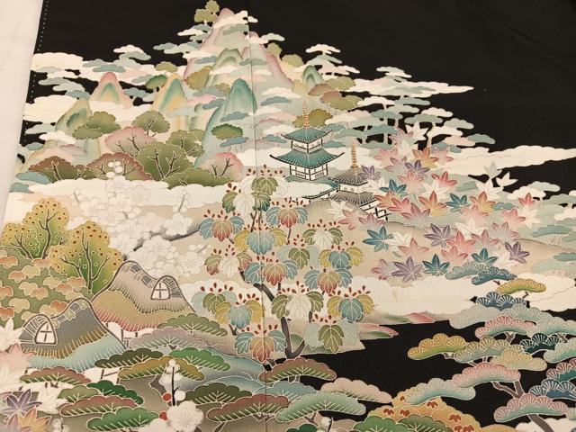 平和屋着物■豪華黒留袖 友禅 風景花文 伊勢丹扱い 正絹 逸品 BAAW6946mz