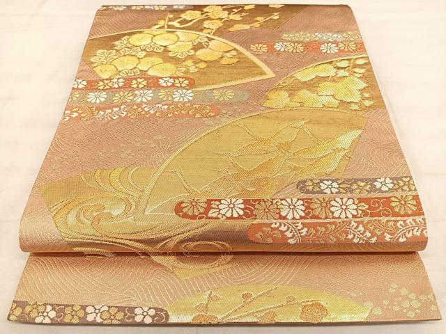平和屋着物◎六通柄袋帯 唐織 地紙重ね花鳥文 金糸 正絹 逸品 BAAW7026qw