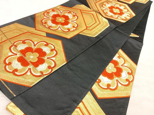 平和屋着物◎六通柄袋帯 唐織 亀甲花文 黒地 金糸 正絹 逸品 BAAW7119qw