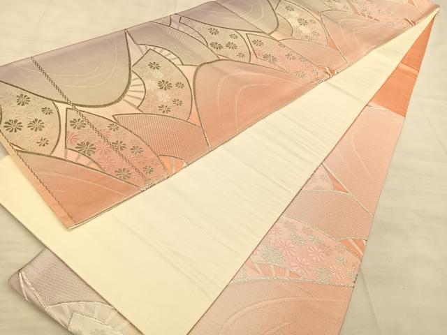 平和屋着物◎六通柄袋帯 扇面花文 銀糸 正絹 逸品 BAAW7124qw