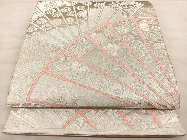 平和屋着物◎両面 全通柄袋帯 唐織 檜扇文 銀糸 正絹 逸品 BAAW7136qw