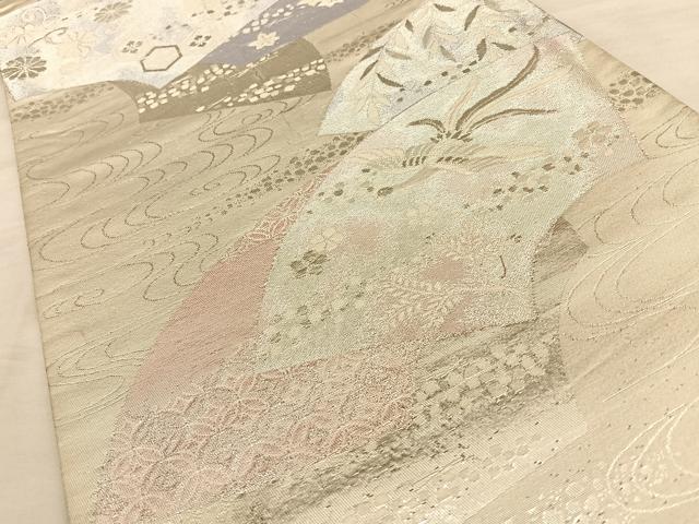 平和屋着物◎六通柄袋帯 流水地紙鳳凰文 銀糸 正絹 逸品 BAAW7147qw