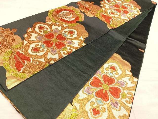 平和屋着物◎六通柄袋帯 唐織 正倉院花鳥文 黒地 金銀糸 正絹 逸品 BAAW7164qw