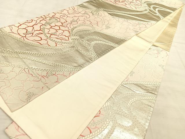 平和屋着物◎六通柄袋帯 唐織 結紐牡丹文 銀糸 正絹 逸品 BAAW7175qw