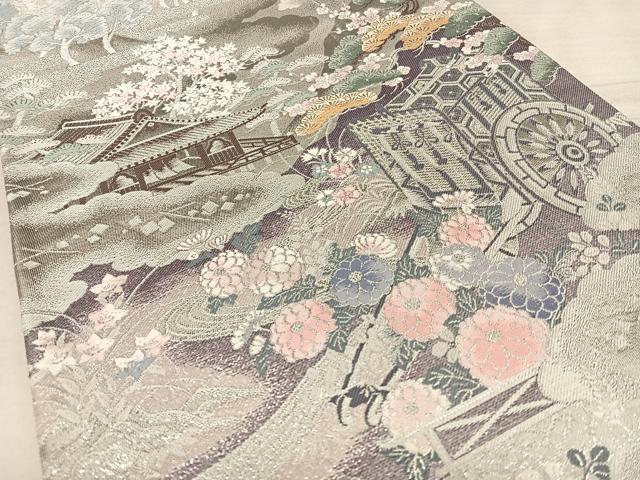平和屋着物◎六通柄袋帯 唐織 風景御所車文 九百錦 プラチナ二重箔 正絹 逸品 BAAW7251qw
