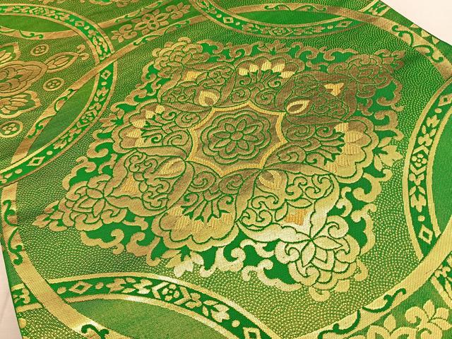 平和屋着物◎全通柄袋帯 唐織 七宝花文 金糸 正絹 逸品 BAAW7266qw