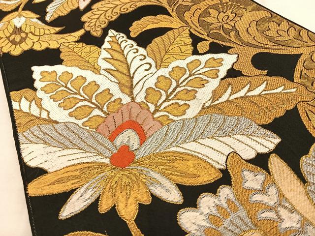 平和屋着物◎六通柄 京袋帯 唐織 更紗花唐草文 黒地 金糸 正絹 逸品 BAAW7286qw