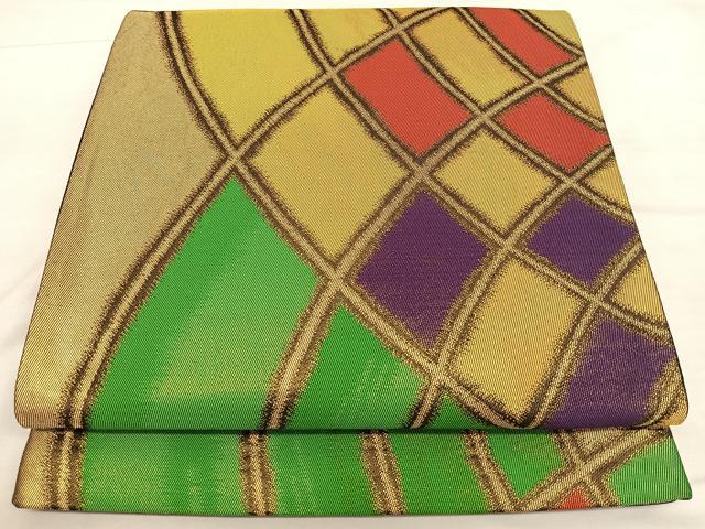 平和屋着物◎西陣 六通柄袋帯 幾何学文 金糸 証紙付き 正絹 逸品 BAAW7300qw