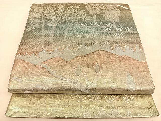平和屋着物◎六通柄袋帯 唐織 遠山樹林文 銀糸 正絹 逸品 BAAW7328qw