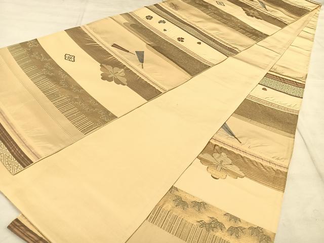 平和屋着物◎六通柄袋帯 ふくれ織 エ霞花文 金糸 正絹 逸品 BAAW7330qw