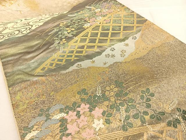 平和屋着物◎西陣 服部織物謹製 六通柄袋帯 籬草花文 こはく錦 手工芸 金糸 正絹 逸品 BAAW7331qw