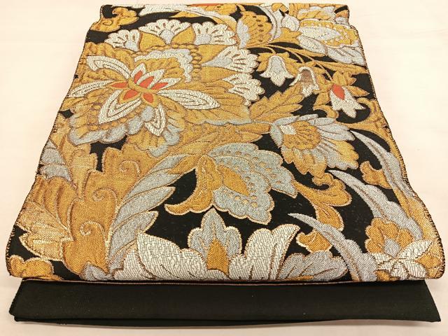 平和屋着物◎六通柄袋帯 唐織 更紗花唐草文 黒地 金銀糸 正絹 逸品 BAAW7340qw