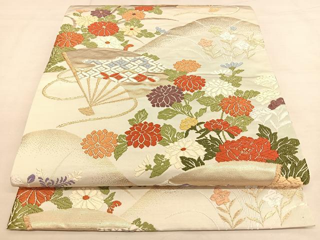 平和屋着物◎六通柄袋帯 唐織 扇面花文 金糸 正絹 逸品 BAAW7347qw