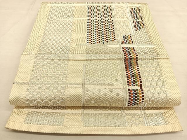 平和屋着物◎六通柄袋帯 唐織 幾何学文 銀糸 正絹 逸品 BAAW7351qw