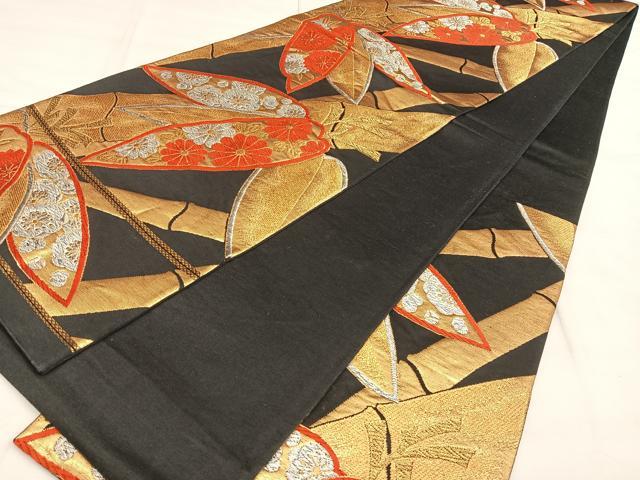 平和屋着物◎六通柄袋帯 唐織 笹竹文 黒地 金銀糸 正絹 逸品 BAAW7369qw