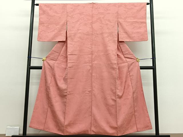 平和屋着物■上質な色無地 ふくれ織 地紙花地紋 珊瑚朱色 お召縮緬 正絹 逸品 BAAW7643hv