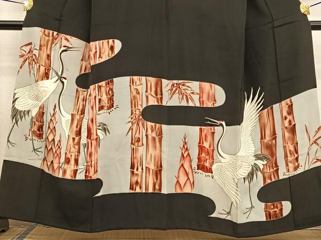 平和屋着物■アンティーク 大正ロマン 中国三大刺繍 相良刺繍 黒留袖 手描き 竹鶴 金彩 正絹 逸品 BAAW7815hv
