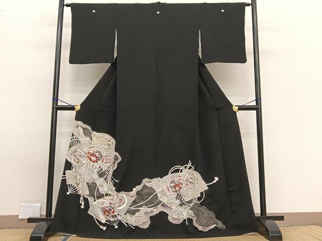 平和屋着物■豪華黒留袖 手描き 駒刺繍 扇面花絵皿文 銀彩 正絹 逸品 BAAW7817hv